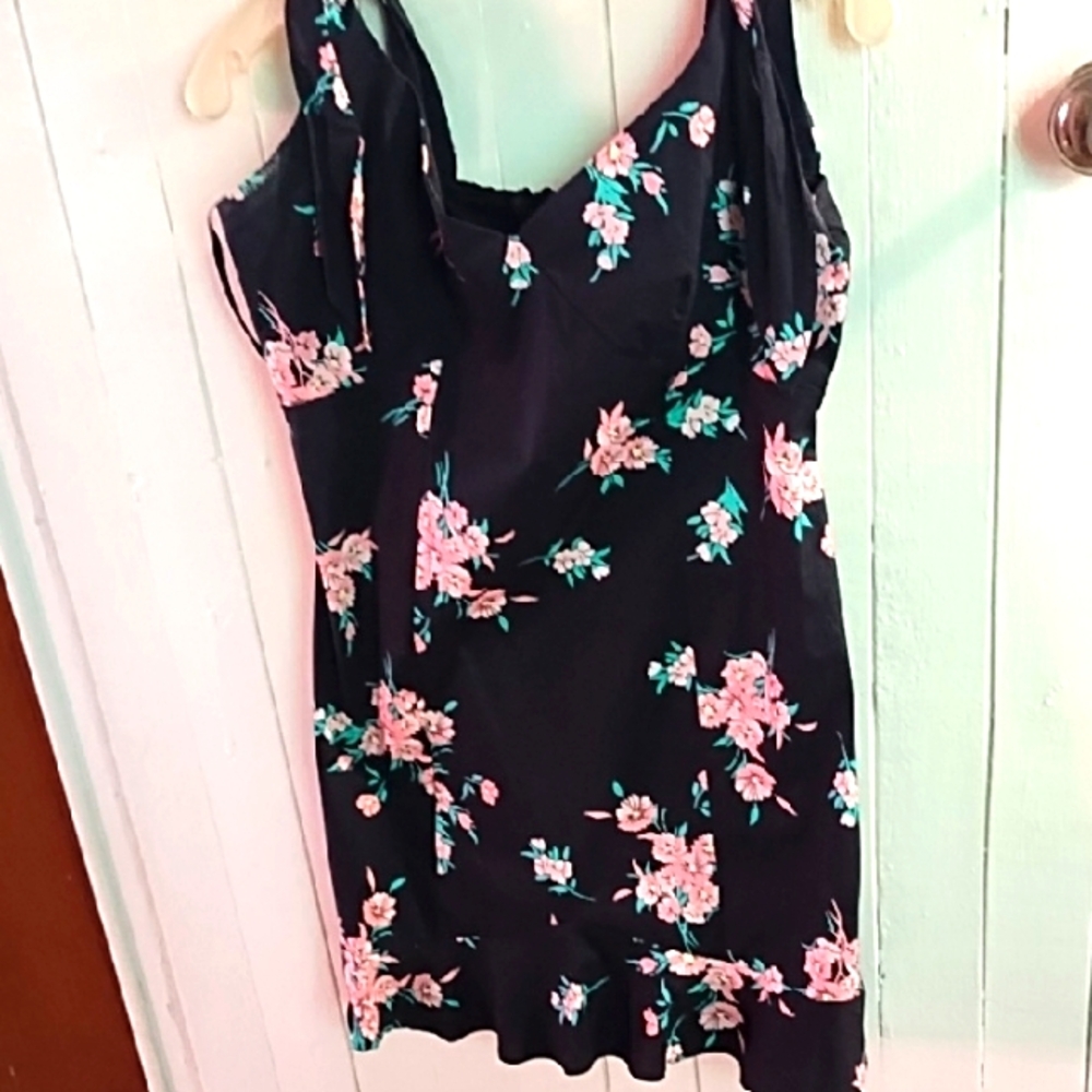 B. Smart Black Mini Dress with Pink Floral Design Size 13 NWOT. Tie Straps